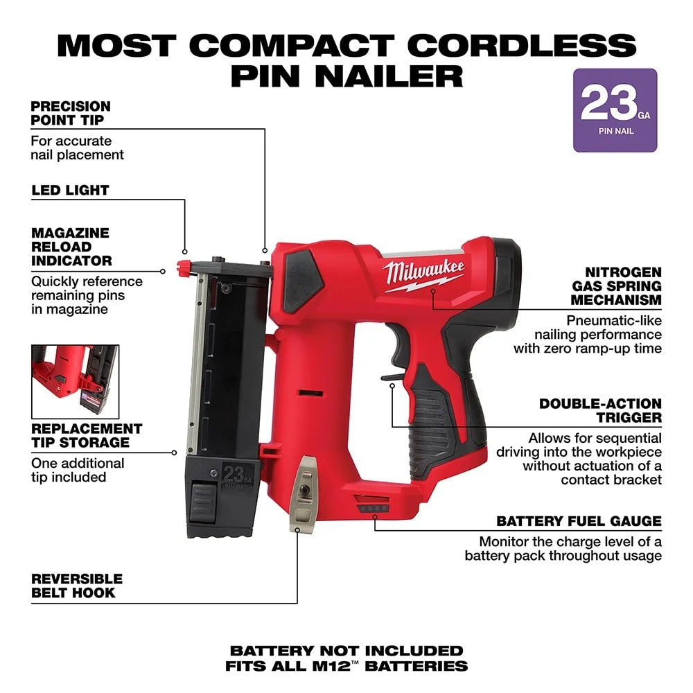 Milwaukee M12 23-Gauge Pin Nailer (Bare Tool)