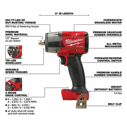 Milwaukee M18 FUEL 1/2 In. Mid-Torque Impact Wrench with Pin Detent (Bare Tool)