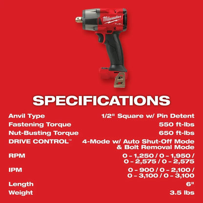 Milwaukee M18 FUEL 1/2 In. Mid-Torque Impact Wrench with Pin Detent (Bare Tool)